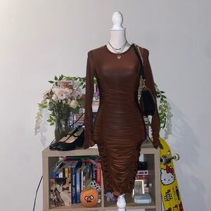 Fashion Nova 2000s style brown midi bodycon dress with ruched detail